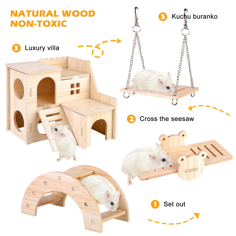 Toys for Hamsters Made of Wood, Pack of 6 Hamster Chew Toys, DIY Hamster Toys, Hamster House Bridge Seesaw Swing Cage Decor Accessories for Gerbils, Guinea Pigs, Chinchilla, Rabbits, Birds - PawsPlanet Australia