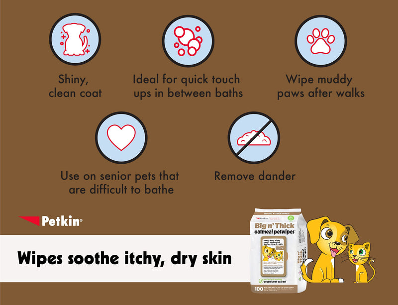 Petkin Pet Wipes – Big 'n Thick Extra Large Oatmeal Pet Wipes – Cleans Face, Ears, Body and Eye Area – Super Convenient, Ideal for Home or Travel- Wipes for Pets 100 Wipes - PawsPlanet Australia