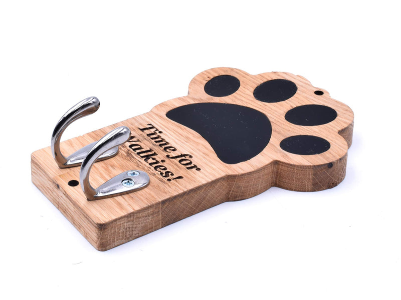 OriginCrafts New Solid Oak Quality Handmade Dog Lead Holder - Wall Mounted with 2 hooks. Engraved with 'Time for Walkies!' - PawsPlanet Australia