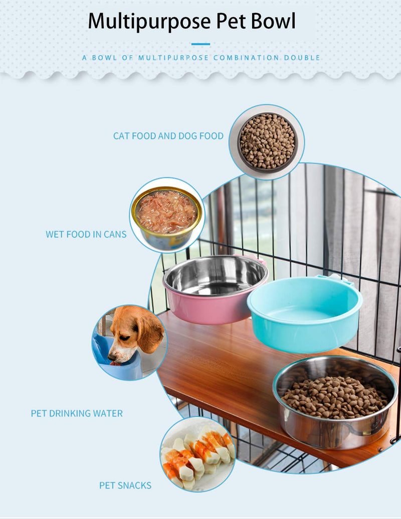 Dog Cage Crate Water Bowls Dog Food Bowl Cat Feeding Bowl 2-in-1 Pet Hanging Bowl Removable Stainless Steel Dog Bowl with Plastic Puppy Feeder Food Water Bowl for Dog Cat Bird Rabbit Hamster Ferret Blue - PawsPlanet Australia