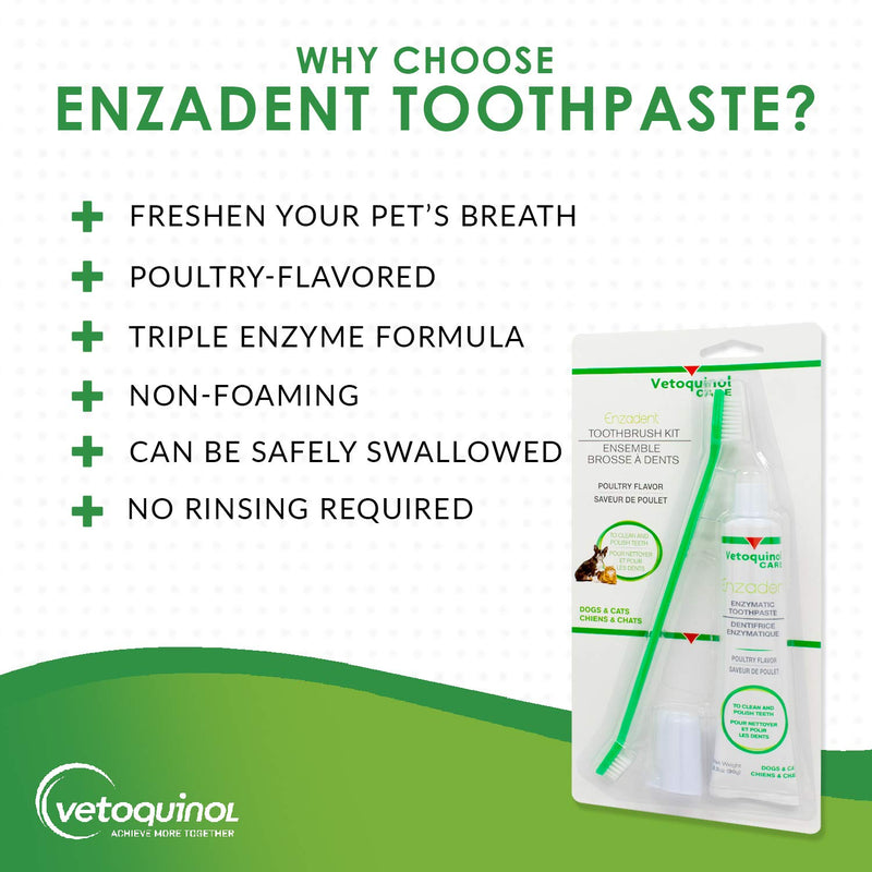 Vetoquinol Enzadent Enzymatic Toothpaste Kit + Fingerbrush & Dual-End Toothbrush for Cats & Dogs – 3.2 oz, Poultry Flavor – Oral Dental Care Kit: Removes Plaque, Polishes Teeth & Freshens Breath - PawsPlanet Australia