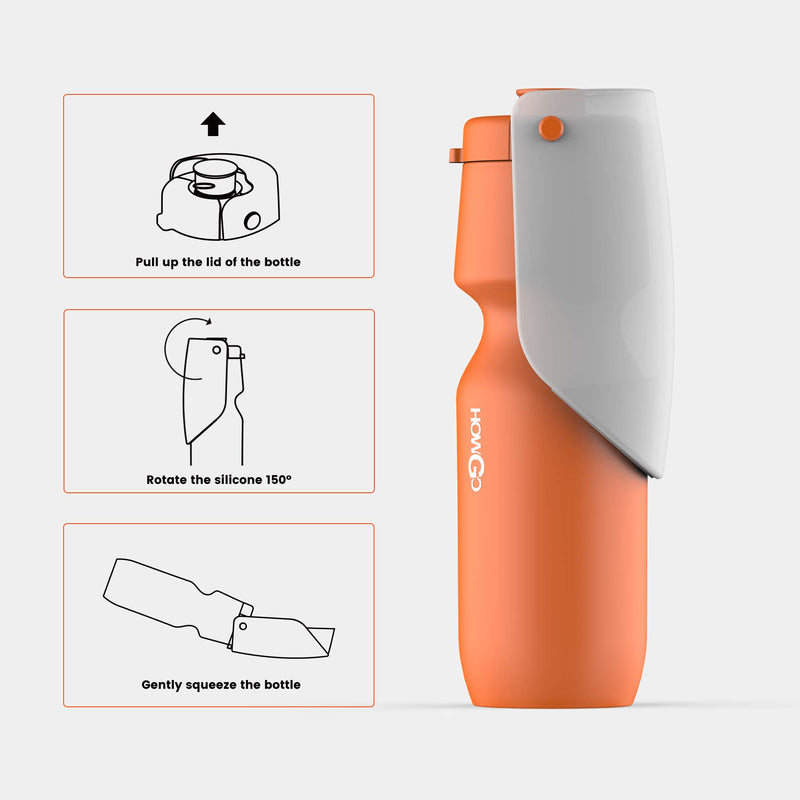 HOWGO Dog Water Bottle Super Light-Weight, Portable, Food Grade Silicone and Plastic Dog Water Bottle for Walking, Hiking, Running, Travel Dog Water Bottle, Easy to Use ORANGE - PawsPlanet Australia