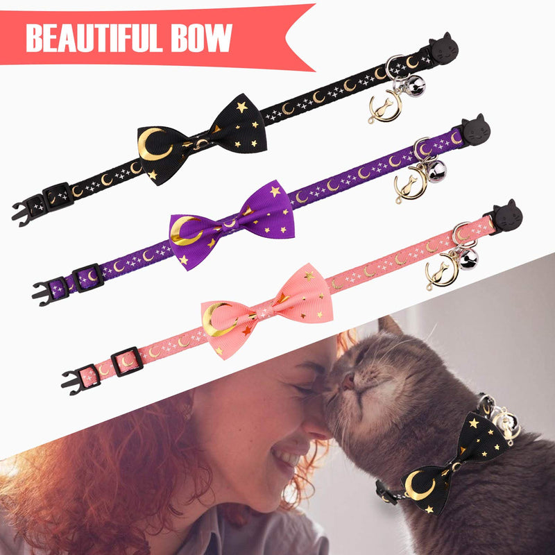 2 PCS Breakaway Cat Collar with Bow Tie and Bell Golden Moon Glowing Star in The Dark for Kitten Black & Pink - PawsPlanet Australia