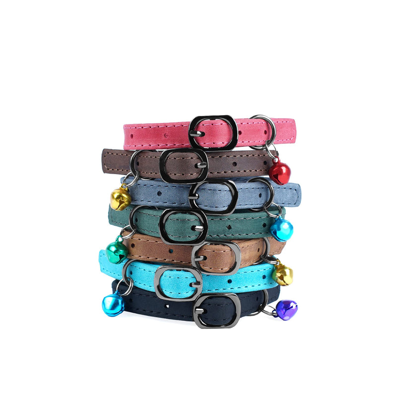 Murom Leather Cat Collar with Bell Adjustable Small Pet Kitten Collars Black Brown Pink Blue - PawsPlanet Australia