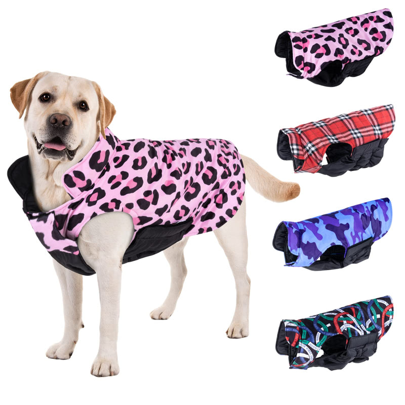 CuteBone Dog Winter Coat Puffer Jacket Windproof Dog Jacket Reversible Dog Vest Thick Padded Lining Pet Apparel for Small Medium Large Dogs with Leash Hole 2-Pink Leopard - PawsPlanet Australia