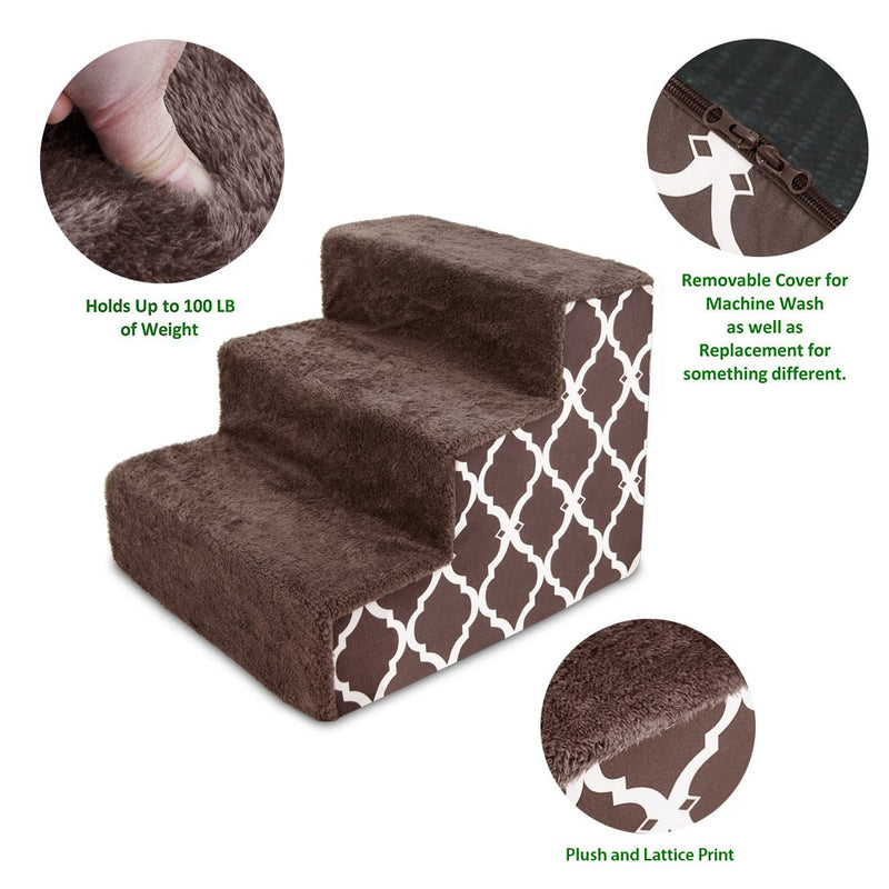 Best Pet Supplies USA Made Pet Steps and Stairs with CertiPUR-US Certified Foam for Dogs and Cats 3-Step (H: 13.5") Brown Lattice Print - PawsPlanet Australia