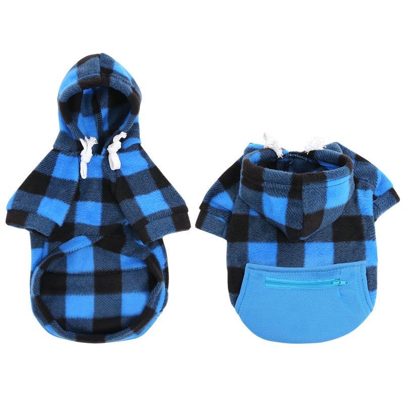 SAWMONG Dog Hoodie,Plaid Flannel Pet Hooded Sweater with Hat Puppy Pullover Sweater Shirt Pet Outfit Apparel with Pocket for Small Medium Puppies Dogs Cats Blue - PawsPlanet Australia