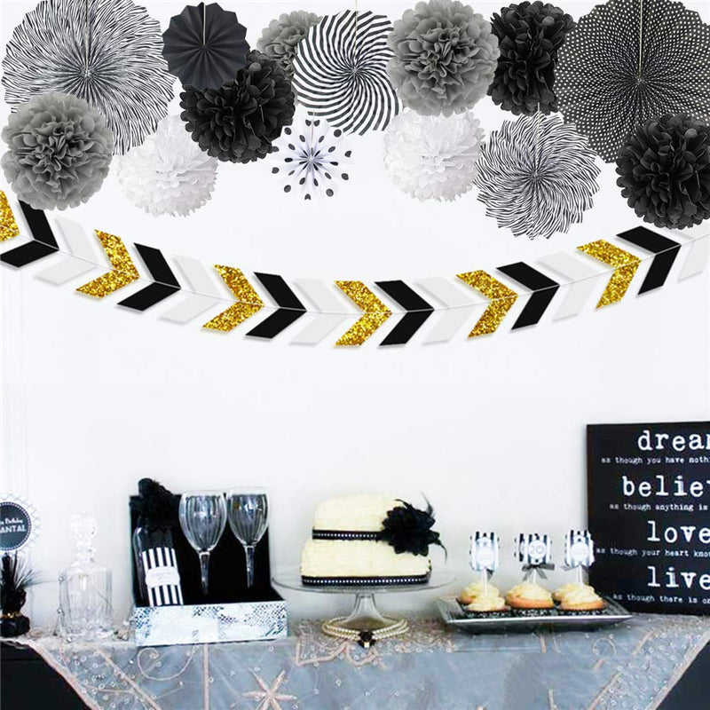 Black White Hanging Paper Party Decorations, Round Pattern Paper Fans Set with Tissue Paper Pom Poms Flower Balls for Halloween Wedding Bridal Baby Shower Graduation Events Accessories, Set of 14 Black White - PawsPlanet Australia