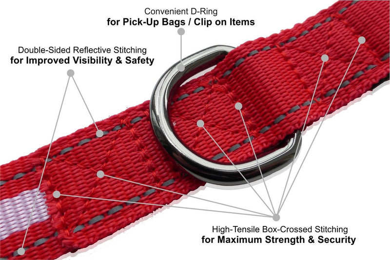 GoDoggie Reflective Dog Lead, Improved Dog Visibility & Safety, Reflective Stitching & Strips, Foam-Padded Comfy Handle, D-Ring, Premium Quality Components, Lifetime Guarantee, RED LARGE - PawsPlanet Australia