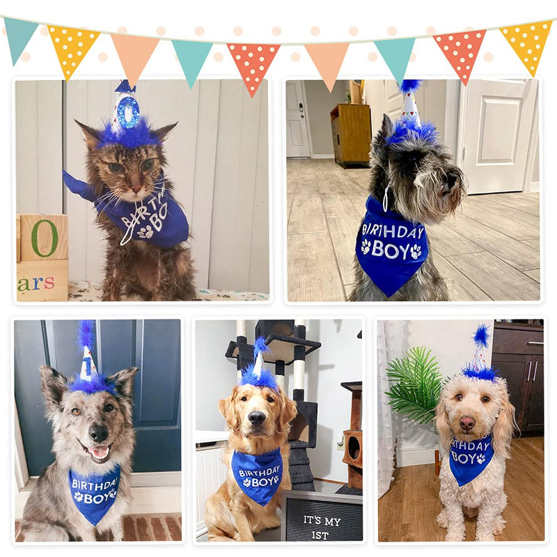 Dog Birthday Bandana Boy Scarf and Reusable Dog Birthday Hat with 0-8 Figures Blue - PawsPlanet Australia