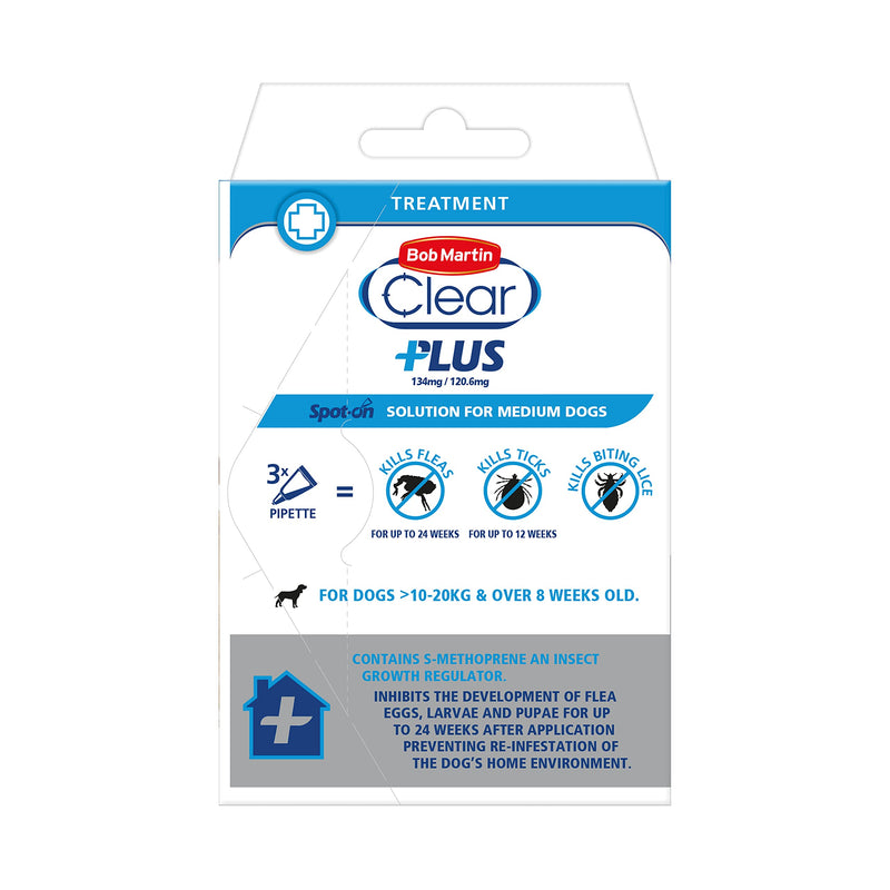 Bob Martin Clear Plus | Spot On Flea Treatment for Medium Dogs (10-20 kg) | Instantly Kills Fleas, Ticks, Lice & Flea Eggs (3 Pipettes) - PawsPlanet Australia