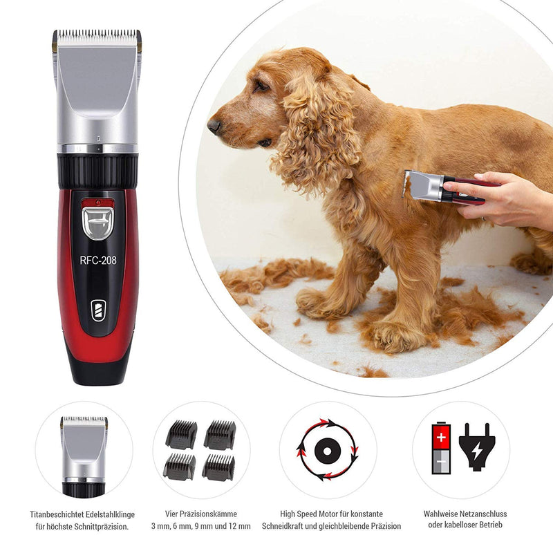 Ceramics RFC-208 Pet Grooming Kit Quiet and Low-Noise Pet Hair Trimmer with Turbo Sense Technology and 4 Attachments for 25 Cutting Lengths, Wireless Rechargeable Pet Hair Trimmer Red - PawsPlanet Australia