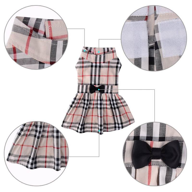 Classic Plaid Dog Dress - Cute Puppy Clothes Outfit with Bow Design for Dogs Cats, Beige S(chest 14", neck 11.5", length 12") - PawsPlanet Australia