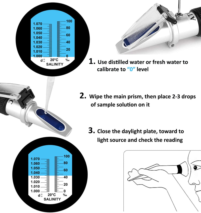 Salinity Refractometer for Aquarium, Marine Monitoring, Saltwater Testing, Dual Scale Salinity Tester 0-100 PPT& 1.000-1.070 Specific Gravity Saline Seawater Refractometer Hydrometer with ATC - PawsPlanet Australia