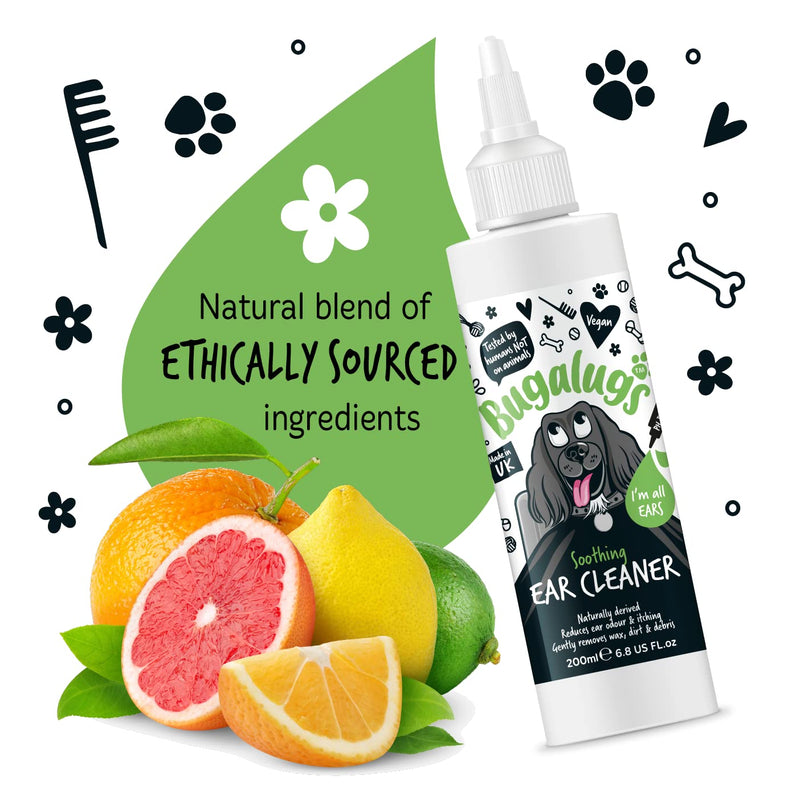 BUGALUGS Dog Ear Cleaner Dog Ear Cleaner Solution 200ml - Stop Head Shaking, Itchy & Waxy Ears - Vet Recommended Dog Ear Drops, Naturally Derived, Non-Toxic Soothing Ear Cleaner Dog - PawsPlanet Australia