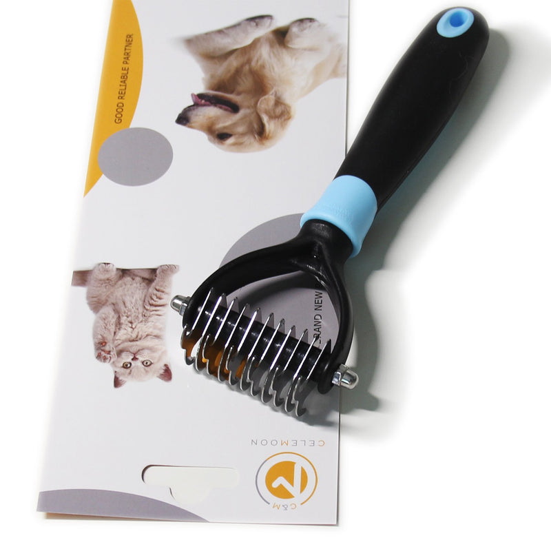 [Australia] - CeleMoon [Dematting Comb Pet Dematting Comb/Rake Dual Sided 6 + 11 Teeth, Professional Undercoat Fur Grooming Rake Knot Cutter for Cats & Dogs Blue 
