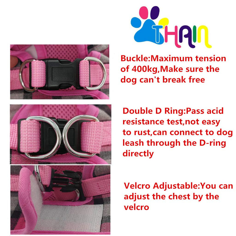 [Australia] - THAIN Step in Dog Harness and Leash Set no Pull Padded Vest Harness Plaid Pattern S(Chest Girth from 11” to 12.6") Pink 