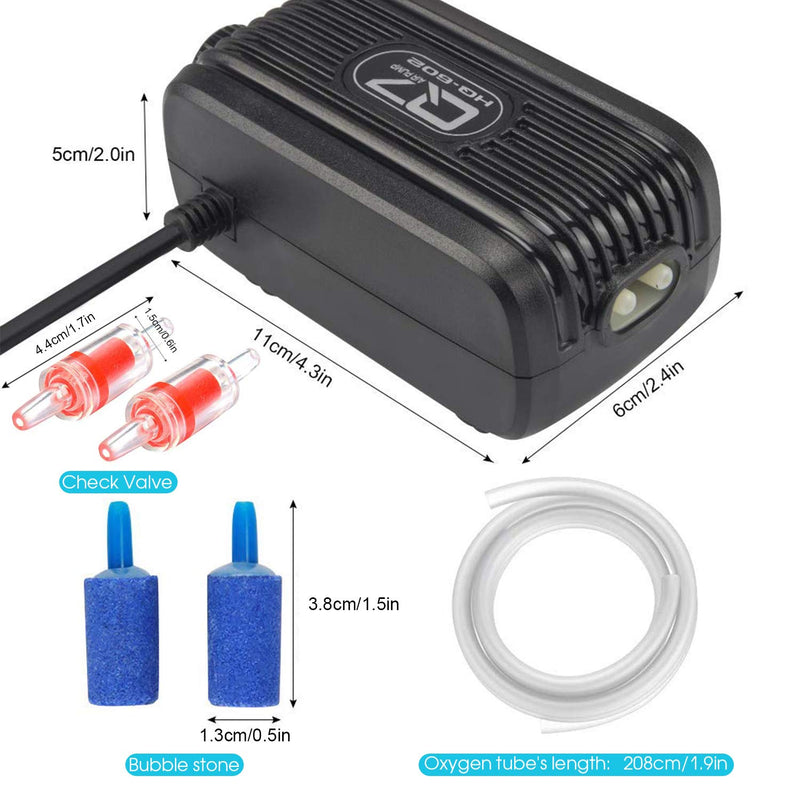 Aquarium Air Pump, Rifny Adjustable Air Pump Kit with Dual Outlet Air Valve, Fish Tank Oxygen Pump with Air Stones Silicone Tube Check Valves for 1-80 Gallon AC Power-2 Outlet-3W - PawsPlanet Australia