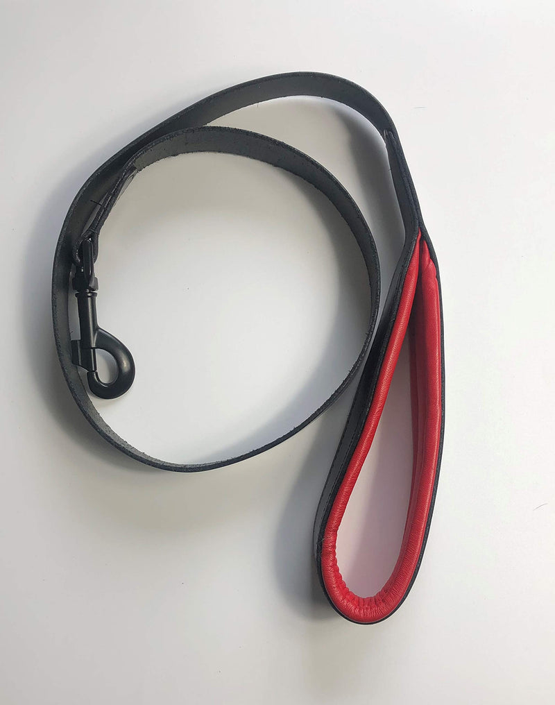 KLASSY K9 SEDGWICK BRIDLE LEATHER PADDED DOG LEAD IN BLACK WITH RED LEATHER PADDING 1" WIDE WITH BLACK TRIGGER - PawsPlanet Australia