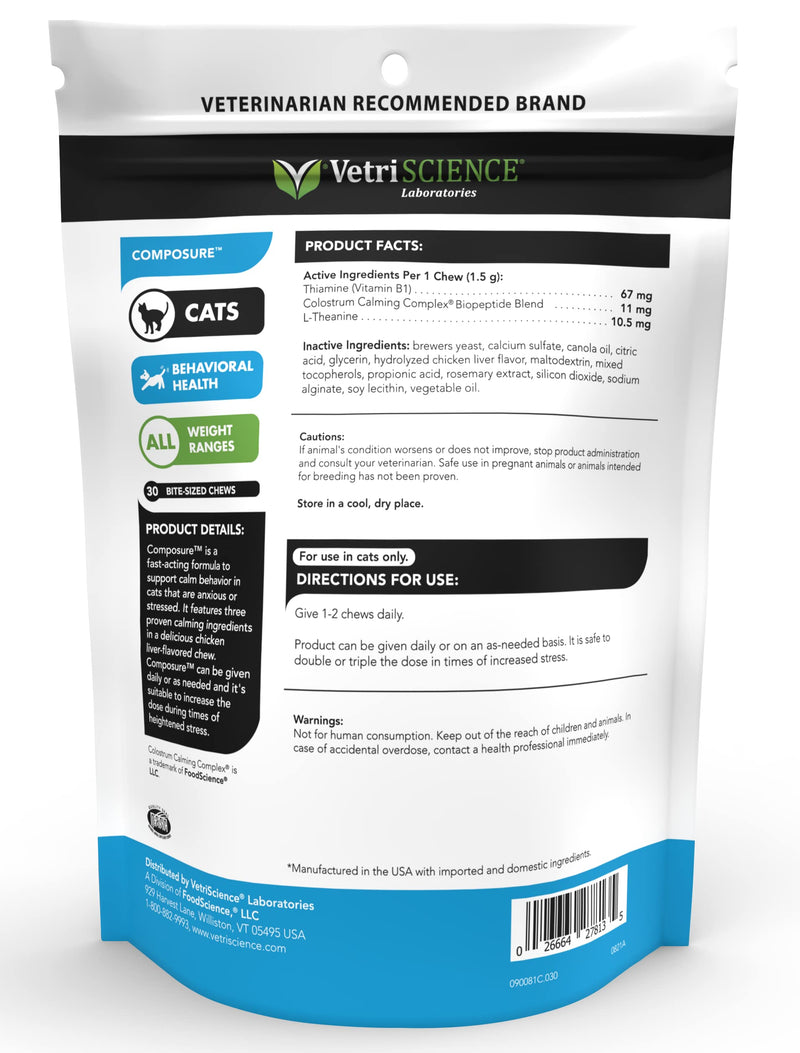 VETRISCIENCE Composure Calming Treats for Cats - Helps Reduce Stress and Anxiety - Great for Car Rides, Thunder, Parties, Grooming, Separation - PawsPlanet Australia