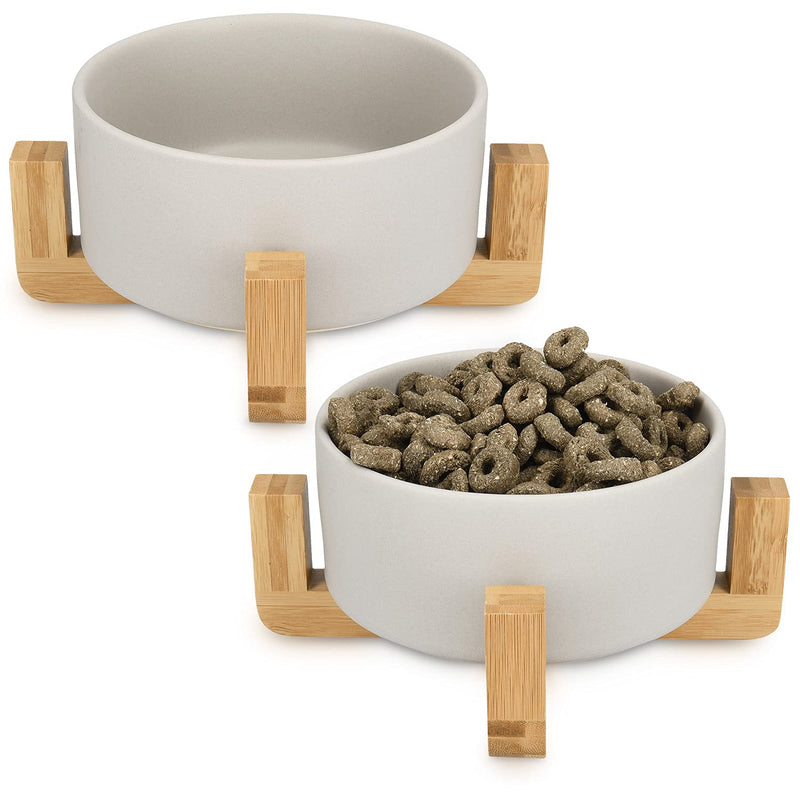 Navaris Ceramic Elevated Cat Bowls - Raised Double Food and Water Bowl Set for Cats and Small Dogs with Wood Stands - No Spill Eco Friendly Pet Bowls M Grey - PawsPlanet Australia