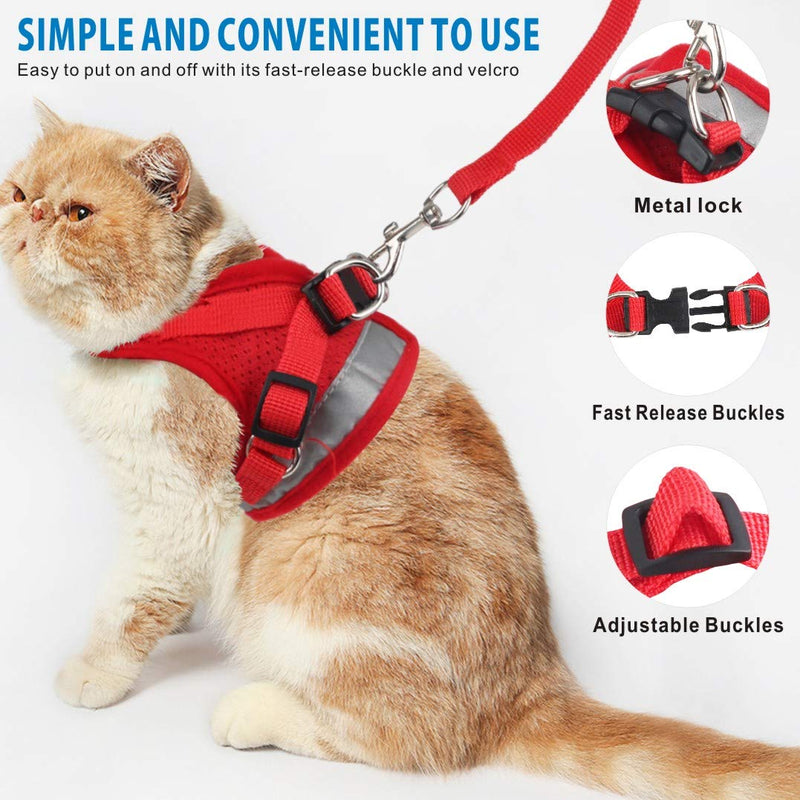 Idepet Cat Harness and Leash for Walking Adjustable Soft Mesh Vest Harnesses with Reflective Strap Metal Leash Ring Metal Clip for Small Medium Large Cats Pets Kitten Puppy Rabbit XS Red - PawsPlanet Australia