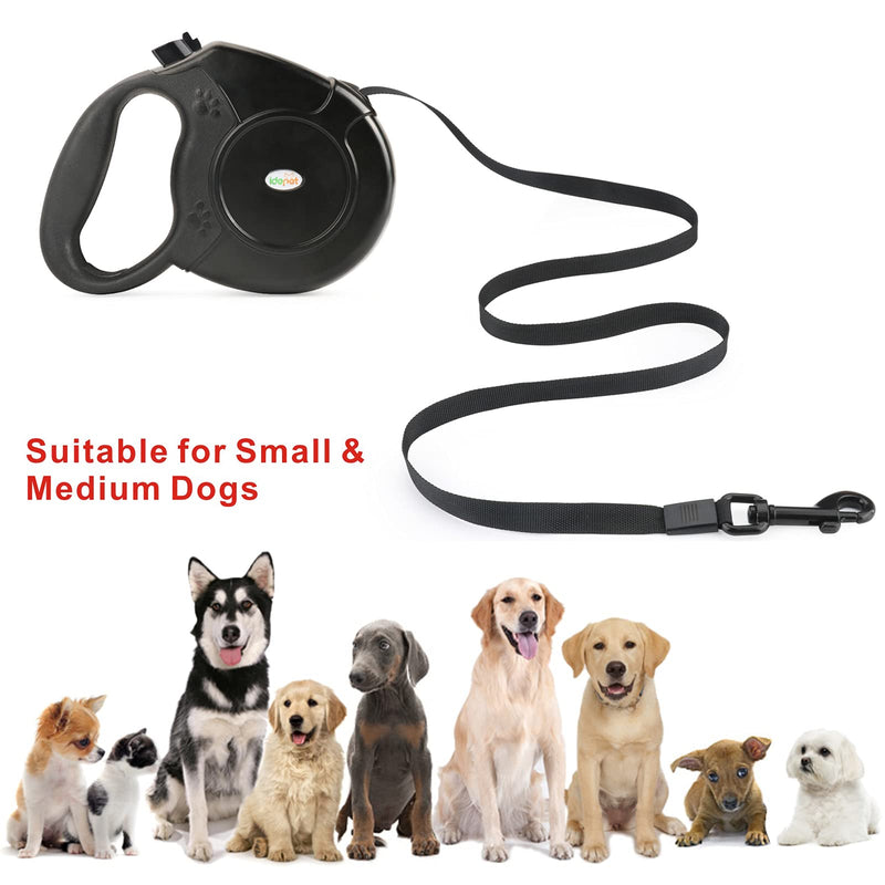 Idepet Heavy Duty Retractable Dog Leash for Small and Medium Dogs, Anti-Chewing Steel Chain 360 Degree Tangle-Free,Break and Lock System,16ft Leash for Dog Walking Black Flat Rope - PawsPlanet Australia