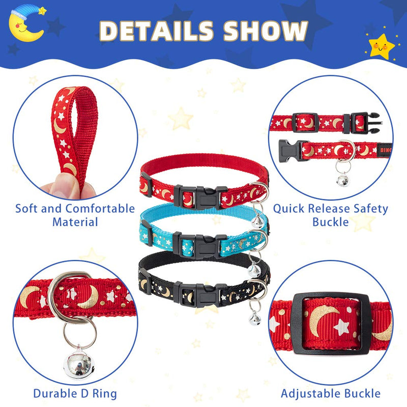 BINGPET Luminous Dog Collar with Bell 3 Pack - Adjustable Soft Pet Puppy Collar with Popular Star and Moon Patterns, Fit for Small and Medium Dogs, Glow in The Dark Red - PawsPlanet Australia