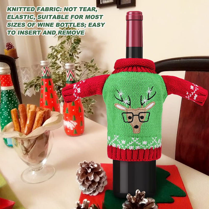 ACETOP 4 Sets Christmas Wine Bottle Sweater Decorations, Ugly Knitted Sweaters Bottle Covers with Snowman Elk Garland Bell, Handmade Xmas Bottle Gift Wrap for Christmas Holiday Party Table Decor - PawsPlanet Australia