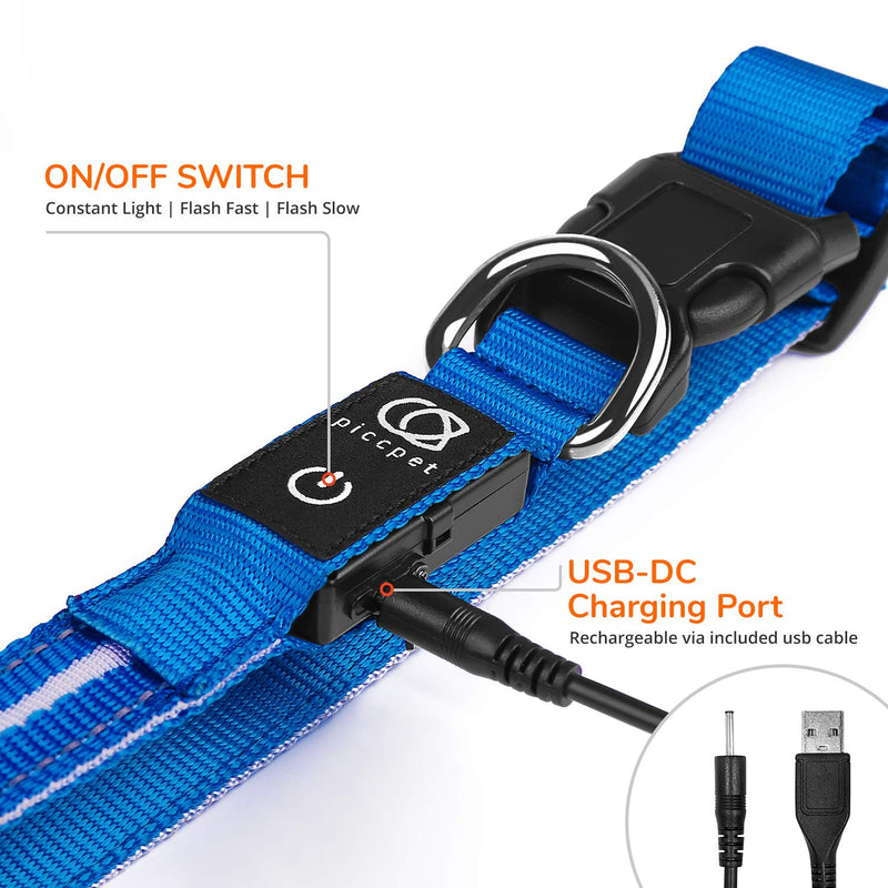 [Australia] - piccpet LED Dog Collar, USB Rechargeable & Water Resistant, 3 LED Flashing Mode, Makes Your Dog Glow at Night, Soft Polyester Webbing Dog Necklace, Dog Collars for Small Medium Large Dogs Medium (14 - 20'') Blue 