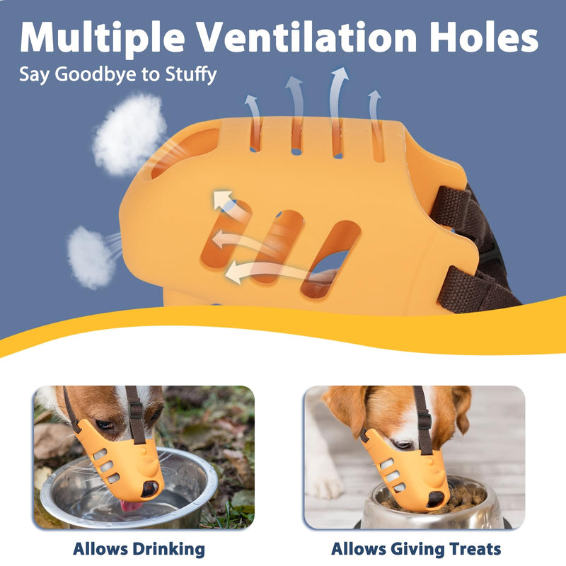 LUCKYPAW Dog Muzzle, Soft Muzzle for Small Medium Dogs Poodle Dachshund, Breathable Silicone Cage Mouth Cover to Prevent Biting and Chewing, Funny Rhino Muzzle with Adjustable Head Strap(Yellow, S) S-(Snout Cir:5.5-6.75in） Yellow - PawsPlanet Australia