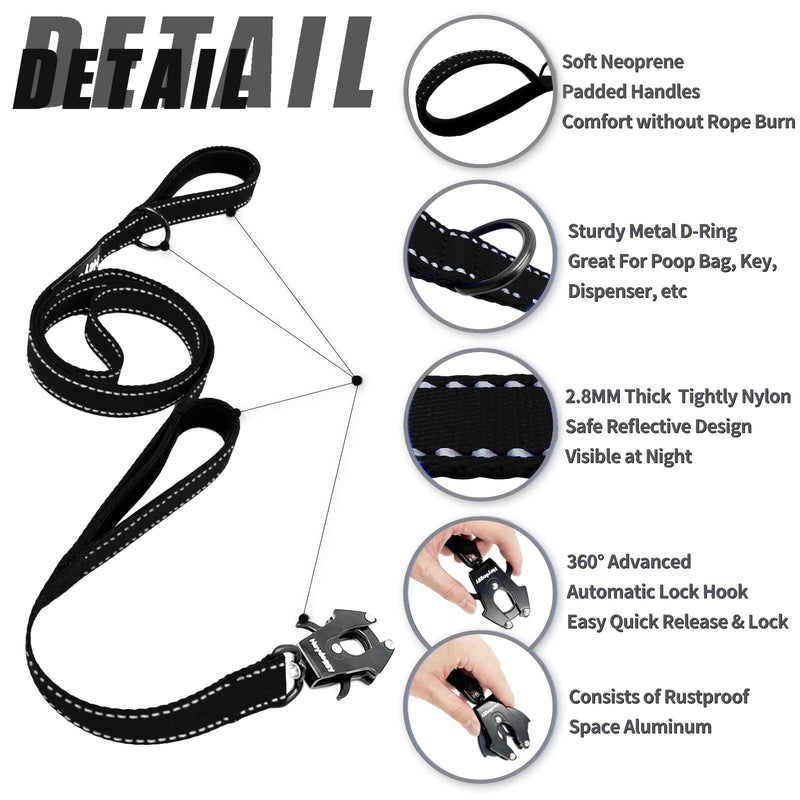 Strong Heavy Duty Dog Lead - 6ft Reflective Nylon Dog Training Leads with Padded Double Handle & Auto Lock Frog Clip, Safety Traffic Dog Leash for Large Medium Small Dogs Anti Pull Walking Black 6FT x 1" x 2.8MM - PawsPlanet Australia