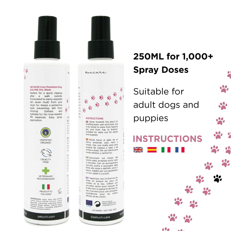 PETUCHI Dog Dry Shampoo with Organic Oatmeal and Aloe Vera; Baby Powder Fresh; No-Rinse Spray; 250ml - PawsPlanet Australia