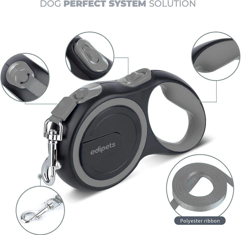 Edipets, dog leash, extendable, retractable, 3, 5 and 8 meters, flexible band for right and walks, dog leash, reel leash, flexi leash, retractable (gray, 8 meters) gray - PawsPlanet Australia