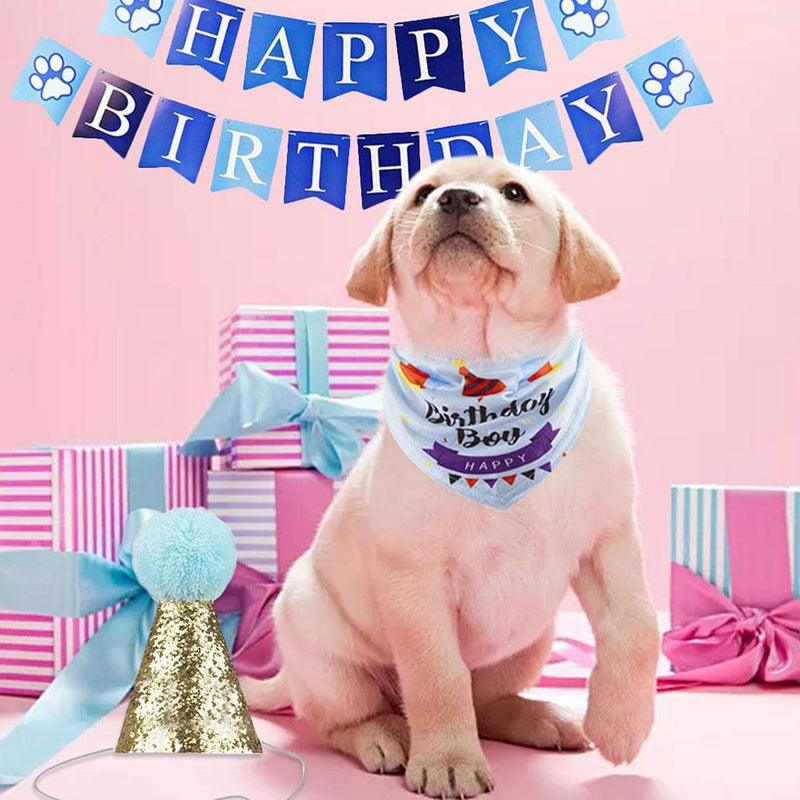 [Australia] - Dog Cat Birthday Bandana Hat Banner Party Supplies Kits Dog Boy Girl Cute Bow Tie Scarf Birthday Party Supplies Decorations BLUE 