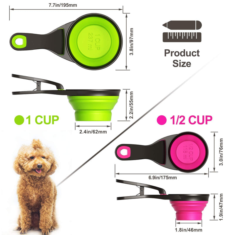 [Australia] - Collapsible Pet Food Scoop Silicone Measuring Cup Bag Clip 2 Pieces Water Snack Travel Bowl for Dogs Cats (1 Cup and 1/2 Cup) 
