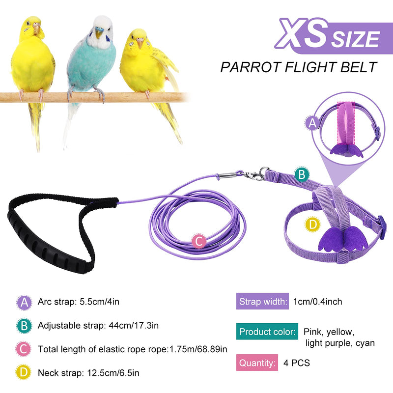 Shappy 4 Pieces Pet Parrot Bird Harness Leash Adjustable Bird Flying Harness Traction Rope with Cute Wing for Parrots Pigeons Budgerigar Lovebird Outdoor Training Toy S Pink, Yellow, Light Purple, Cyan - PawsPlanet Australia