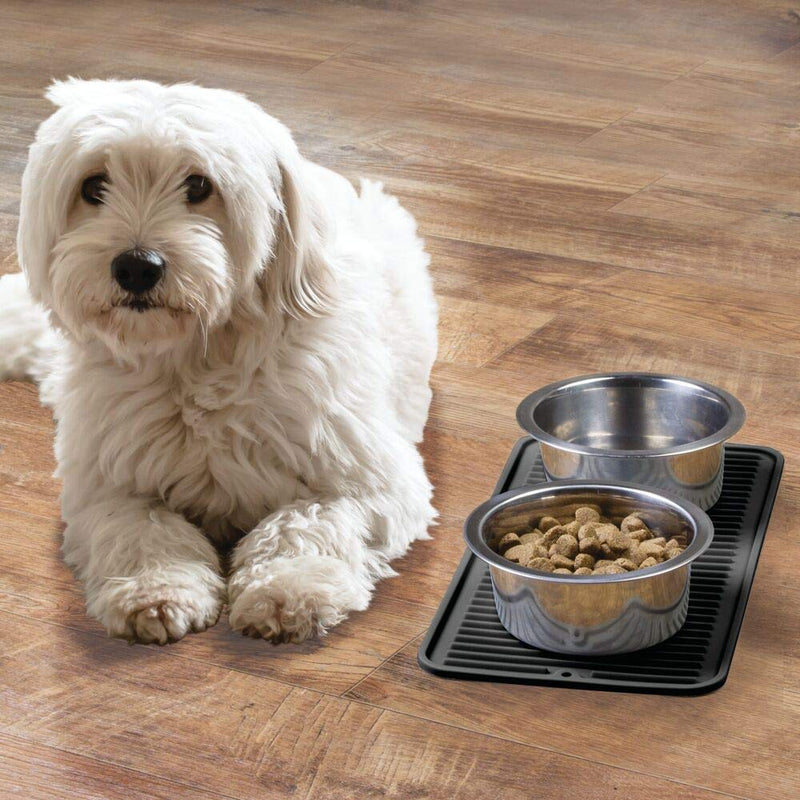 mDesign Premium Quality Pet Food and Water Bowl Feeding Mat for Dogs and Puppies - Waterproof Non-Slip Durable Silicone Placemat - Raised Edges, Food Safe, Non-Toxic - Small - Black 8 x 16 x .25 - PawsPlanet Australia