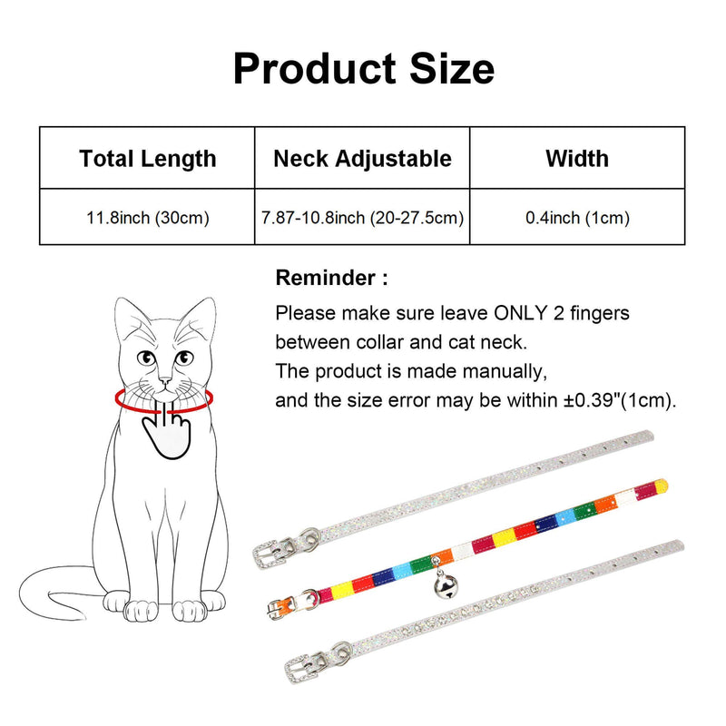 Ourllamey Kitten Collar Cat Collars for Girl Cats with Bells Bling Diamond Rhinestone Cat Collar Adjustable 2pcs S: Fits 7.87"-10.8" Neck, 0.4"W Silver & Rainbow - PawsPlanet Australia