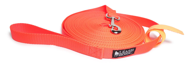 Leashboss Long Trainer - 50 Foot Lead - 1 Inch Nylon Long Dog Training Leash with Storage Strap - K9 Recall - for Large Dogs (50 Foot, 1 in, Orange) - PawsPlanet Australia