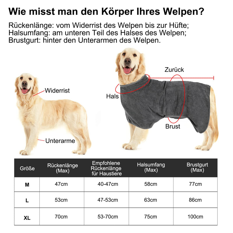 Dog bathrobe, with Velcro fastener, quick-drying bath towel, very absorbent, adjustable collar and waist dog bathrobe large, dryup cape dog, suitable for large and medium dogs (M) gray M - PawsPlanet Australia