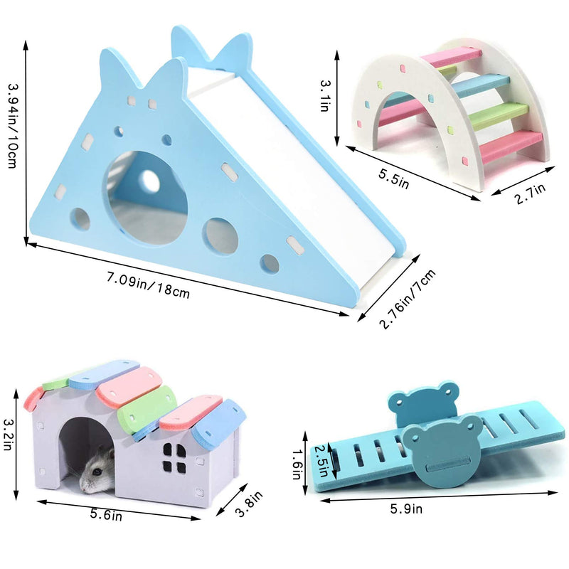 4pcs DIY Wooden Dwarf Hamster House, Rainbow Hamster Toys Pets Bridge Sliders Ladders Climbing Sport with Seesaw Exercise Toys for Gerbils, Syrian Hamster(Blue) - PawsPlanet Australia