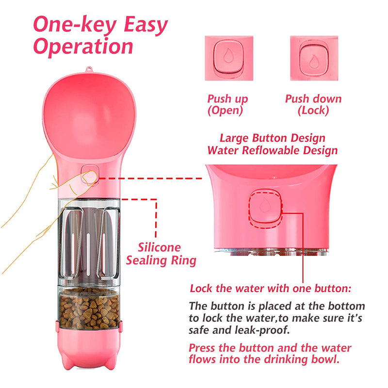 Dog Travel Water Bottle for Walking - 300ml Portable Pet Water Dispenser with Food Container and Dog Waste Bag Poop Shovel Multifunctional Detachable Design Food Grade Leak Proof BPA Free (Pink) Pink - PawsPlanet Australia