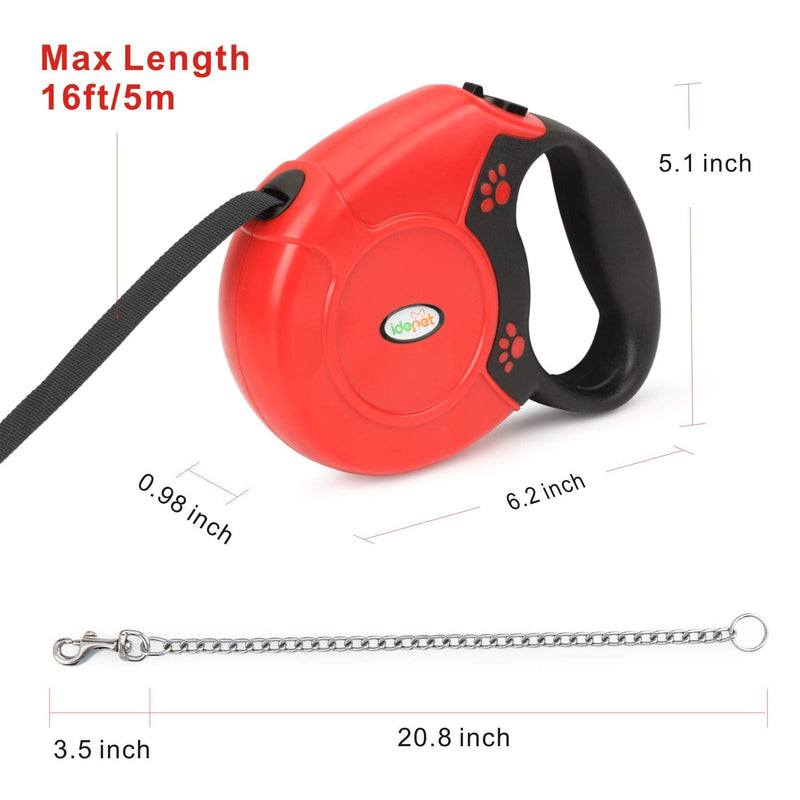 Idepet Retractable Heavy Duty Dog Lead for Small and Medium Dogs, Chain-Serrated Steel Chain Design, 360° Tangle-Free, Break & Lock System, 16 Foot Lead Red - PawsPlanet Australia