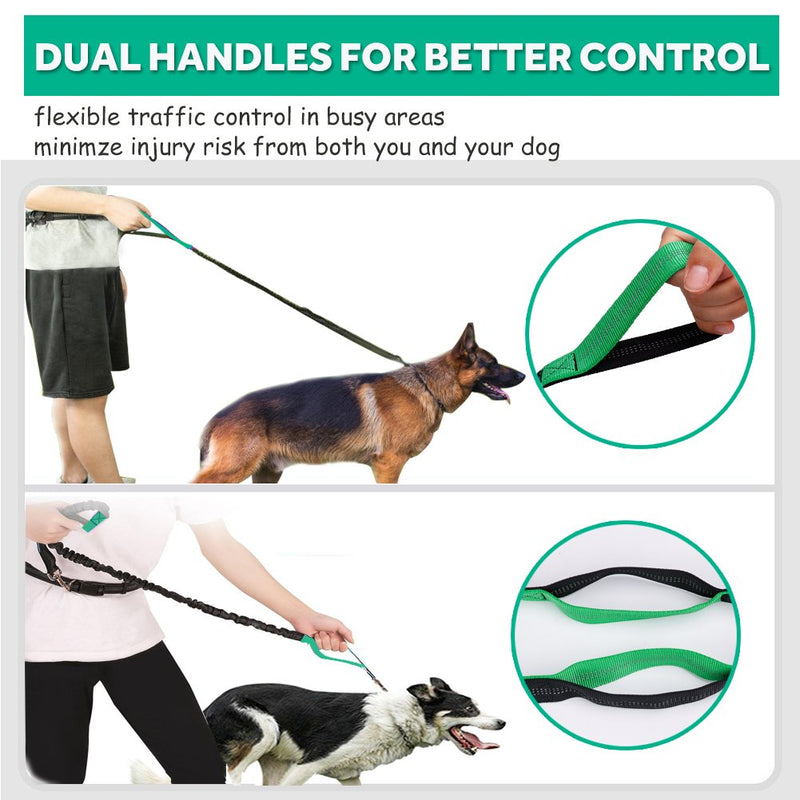 [Australia] - LANNEY Hands Free Dog Leash for Running Walking Training Hiking, Dual-Handle Reflective Bungee, Poop Bag Dispenser Pouch, Adjustable Waist Belt, Shock Absorbing, Ideal for Medium to Large Dogs Black / Teal 