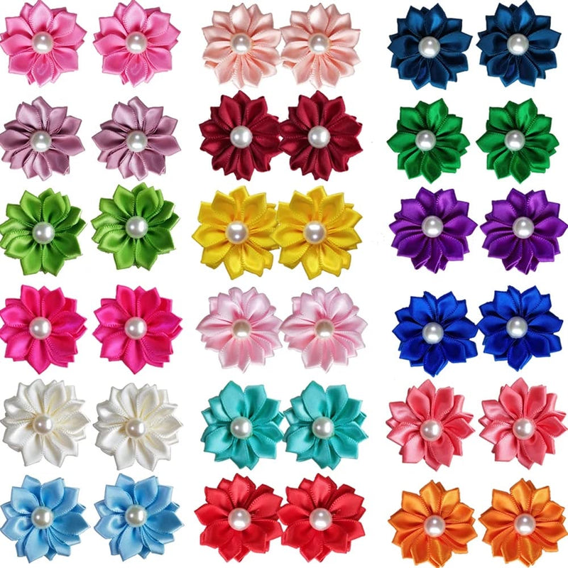 yagopet 40pcs/Pack 20pairs Cute New Dog Hair Bows with Rubber Bands Pearls Flowers Topknot Mix Styles Dog Bows Pet Grooming Products Mix Colors Pet Hair Bows Topknot - PawsPlanet Australia