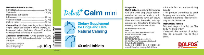 PETS Dolfos Dolvit Calm mini Natural Calming Supplement for Cats and Small Dog Breeds 40 mini tablets - PawsPlanet Australia