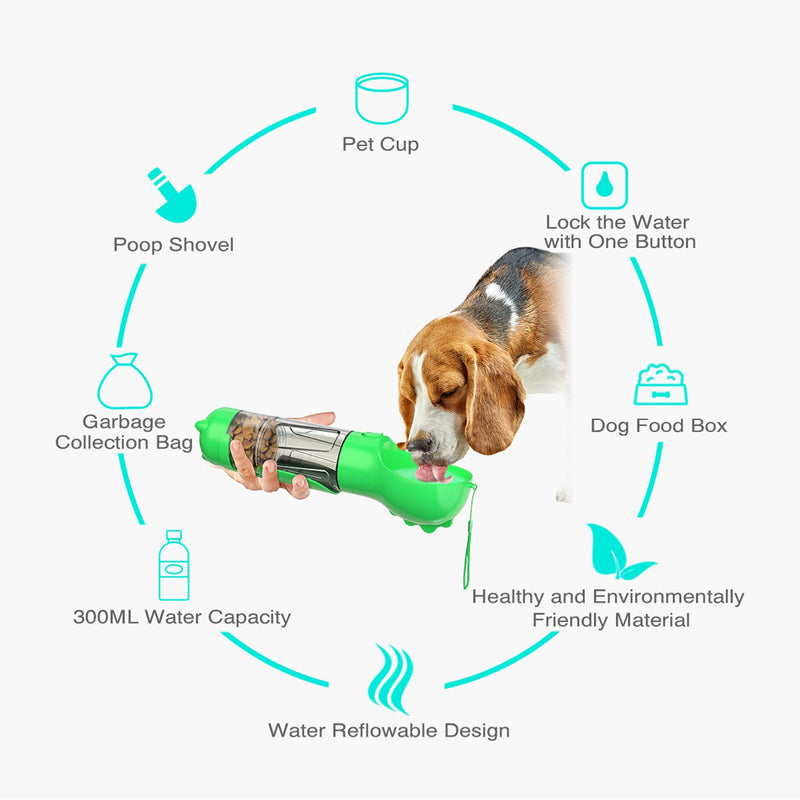 [Australia] - Water Bottle for Dog, Dog Travel Water Bottle, Drinking Feeder with Potty Waste Bags Shovel and Food Space Bpa-Free 3 in 1 Multifunction GREEN 