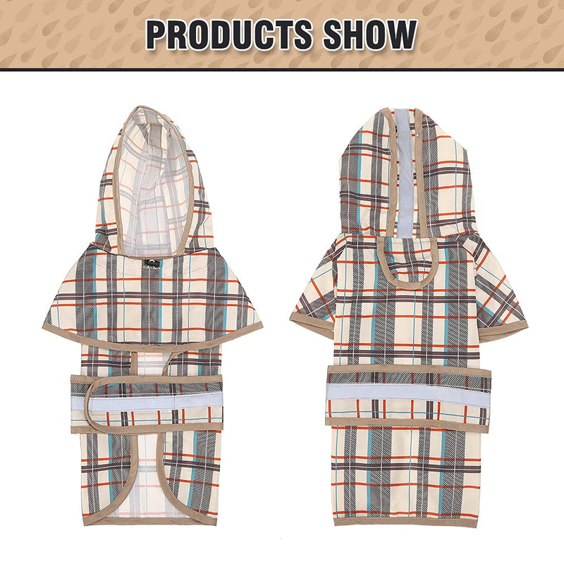 BINGPET Plaid Dog Raincoat - Hooded Waterproof Pet Poncho with Reflective Strap, Lightweight Dog Rain Coat Jacket with Leash Hole, Fit for Small Medium Dogs Beige - PawsPlanet Australia