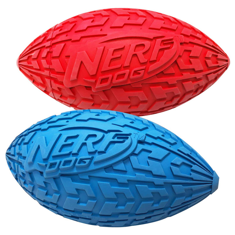 Nerf Dog Tire Football Dog Toy with Interactive Squeaker, Lightweight, Durable and Water Resistant, for Medium/Large Breeds 2 Pack - Red and Blue Large - 6 inch - PawsPlanet Australia